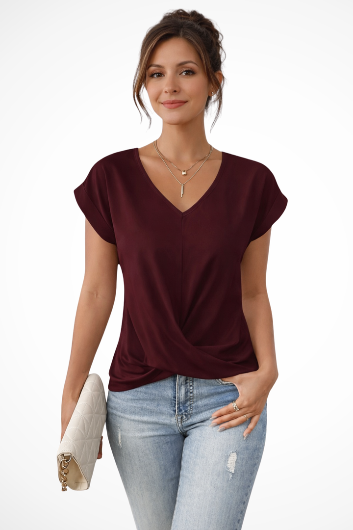 Womens Short Sleeve Top V-Neck Twist Hem - Clovrio
