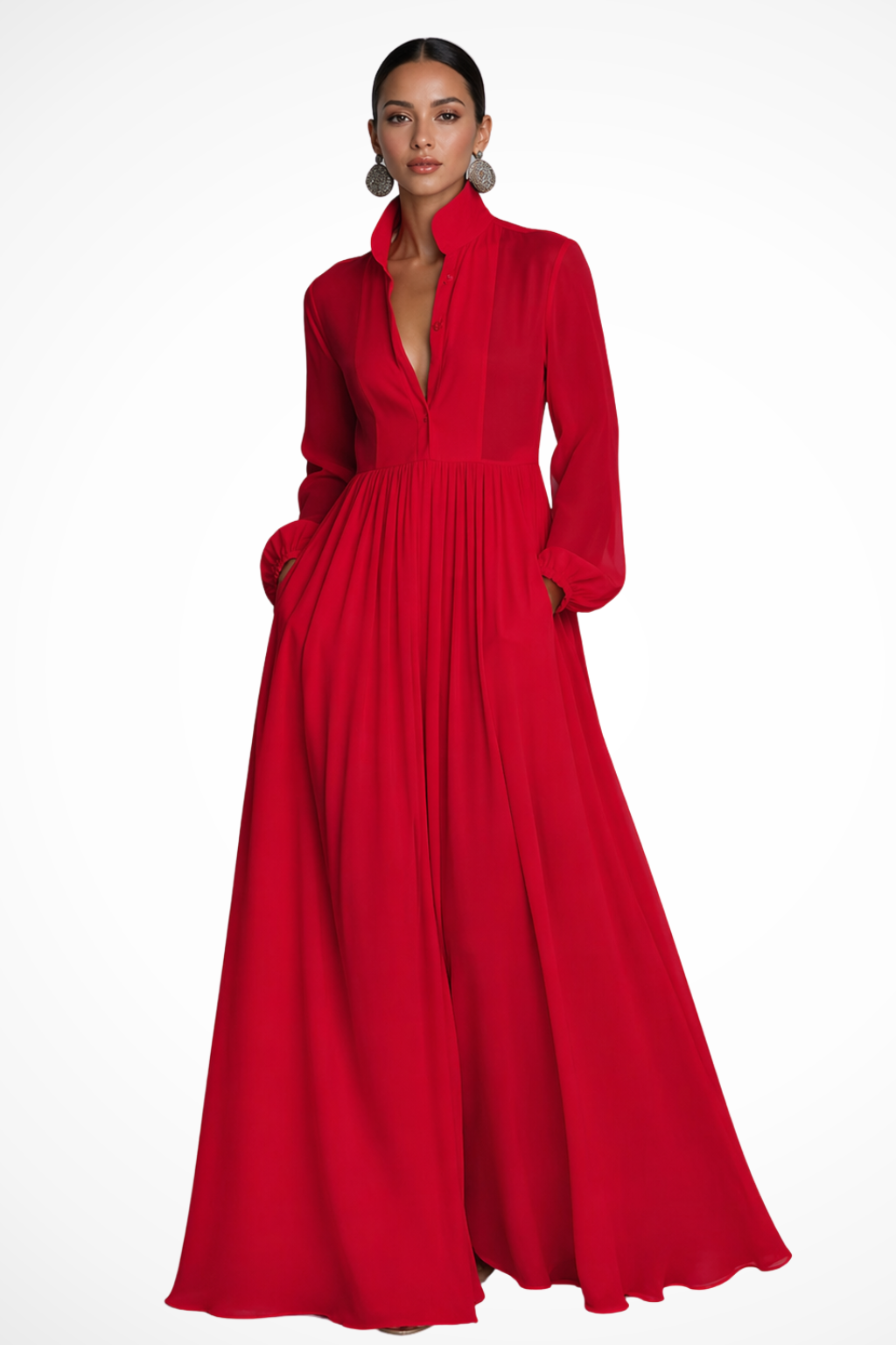 Siopie Women's Long Sleeve Button Front Maxi Dress in Red