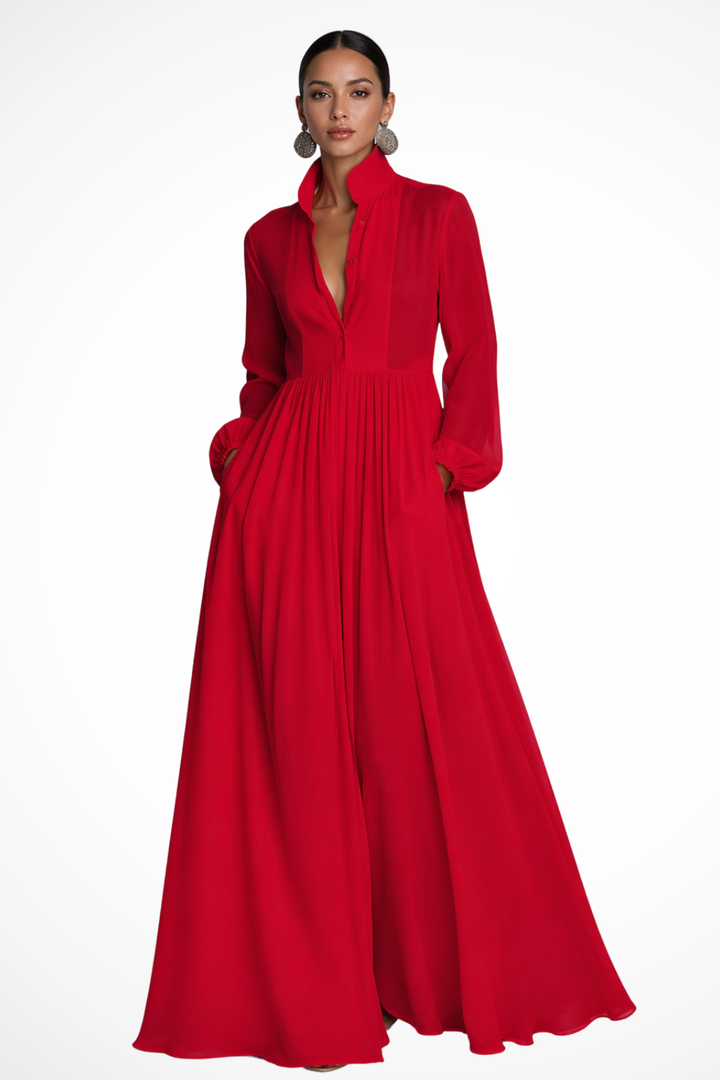 Siopie Women's Long Sleeve Button Front Maxi Dress in Red