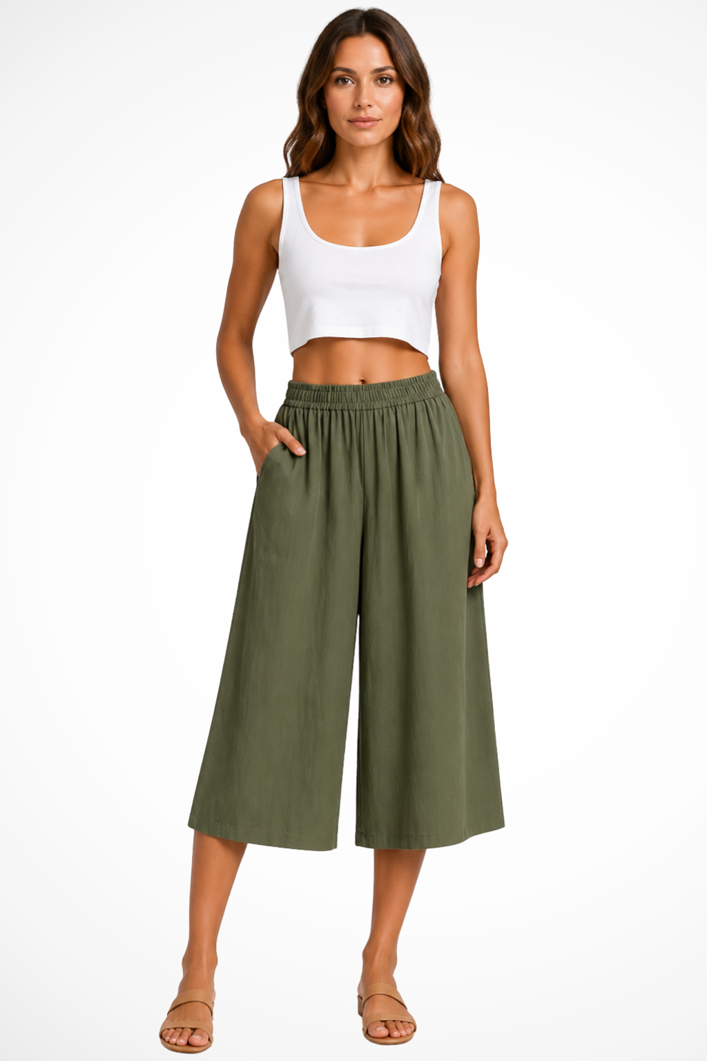 Siopie Women's Wide Leg Cropped Trousers in Green