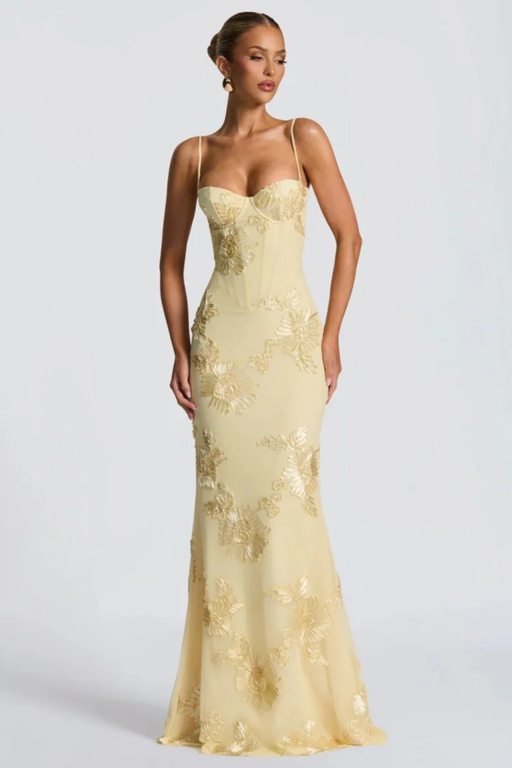 Womens Maxi Dress with Embroidered Floral Corset