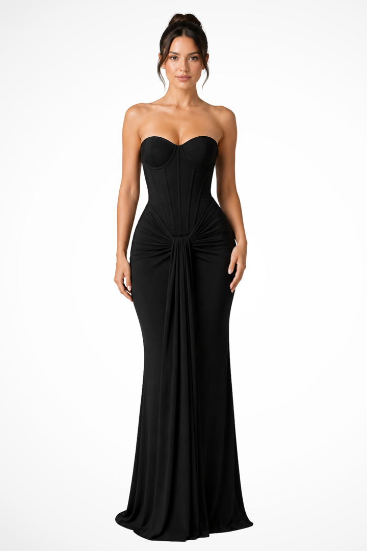 Womens Strapless Lace Corset Maxi Dress Draped Style - Clovrio