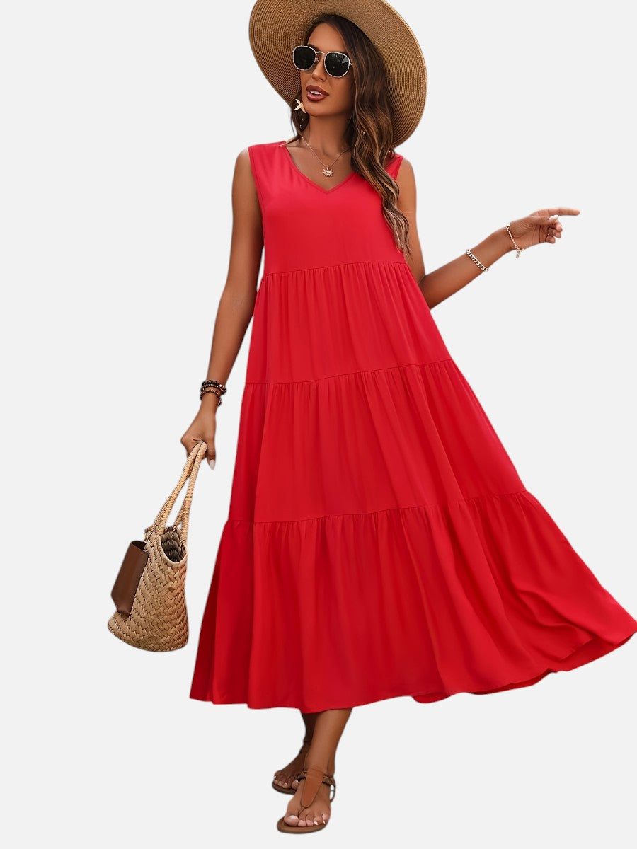 Women's Elegant V-Neck Tiered Maxi Dress