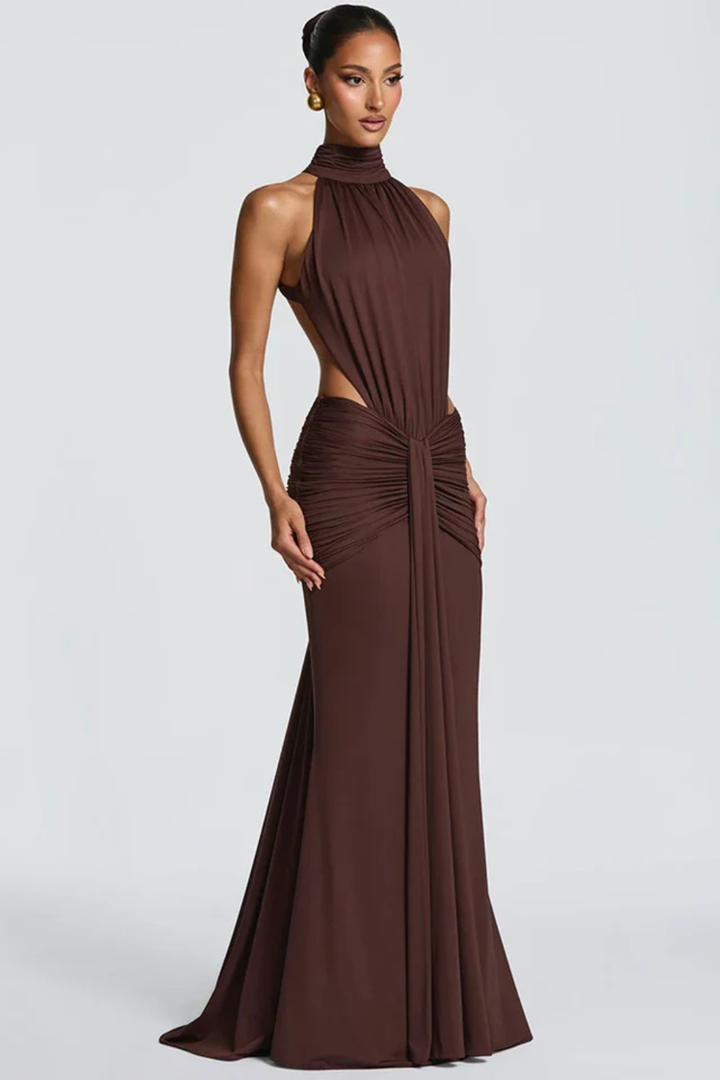 Siopie Women's High Neck Backless Ruched Maxi Dress