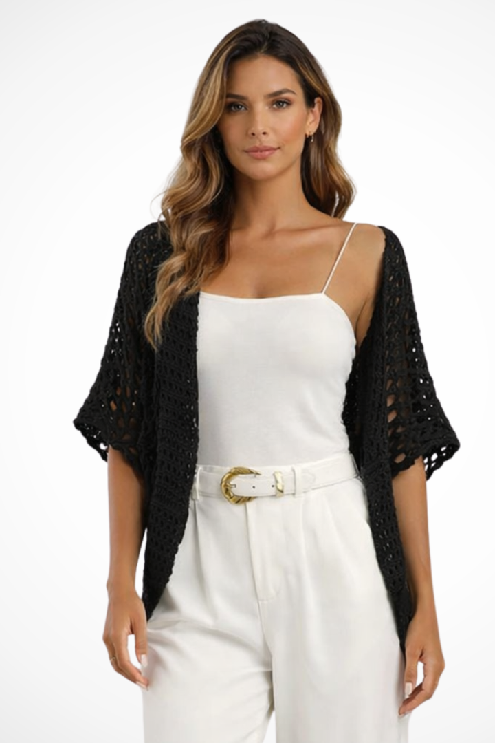 Siopie Women's Short Sleeve Crochet Cardigan in Black
