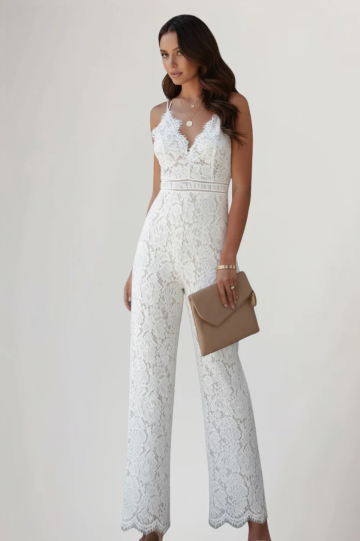 Siopie Women's Lace V-Neck Strappy Wide Leg Jumpsuit