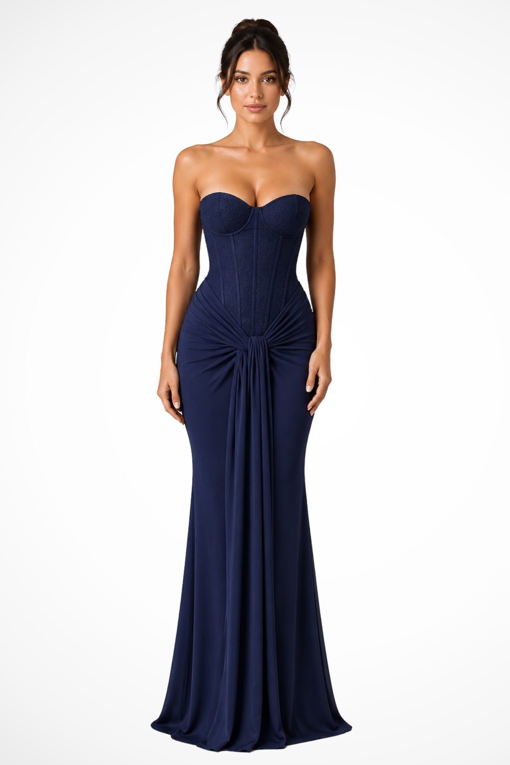 Siopie Women's Lace Corset Strapless Draped Maxi Dress in Navy Blue