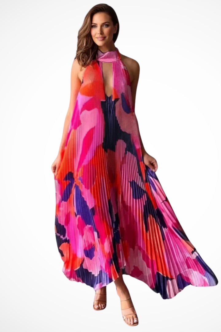 Womens Maxi Dress Pleated Halter Neck Lightweight - Clovrio