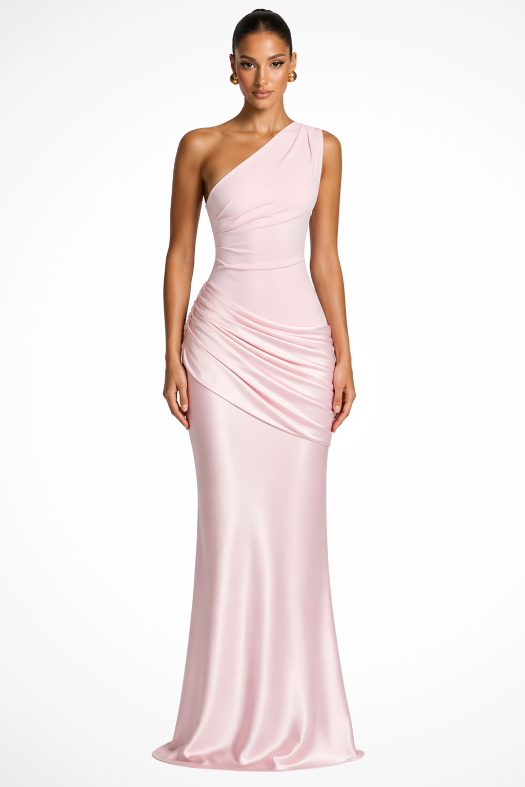 Siopie Women's One Shoulder Ruched Satin Maxi Dress in Pink