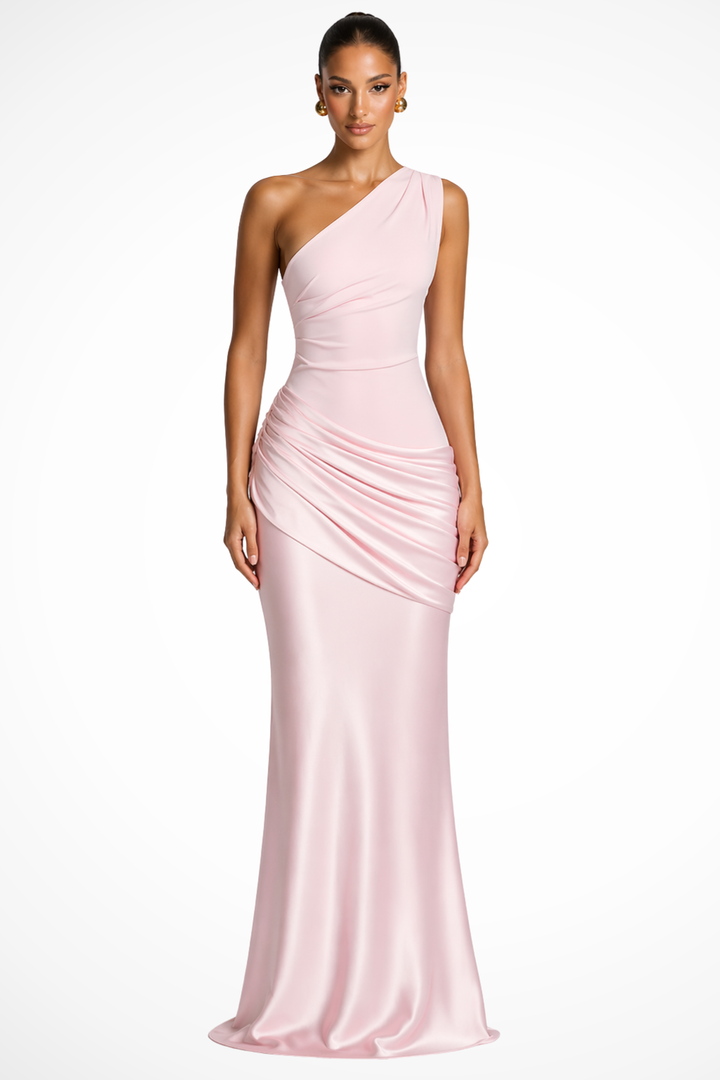 Siopie Women's One Shoulder Ruched Satin Maxi Dress in Pink