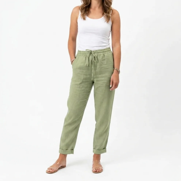 Womens Cropped Linen Trousers Soft Textured Elastic Waist