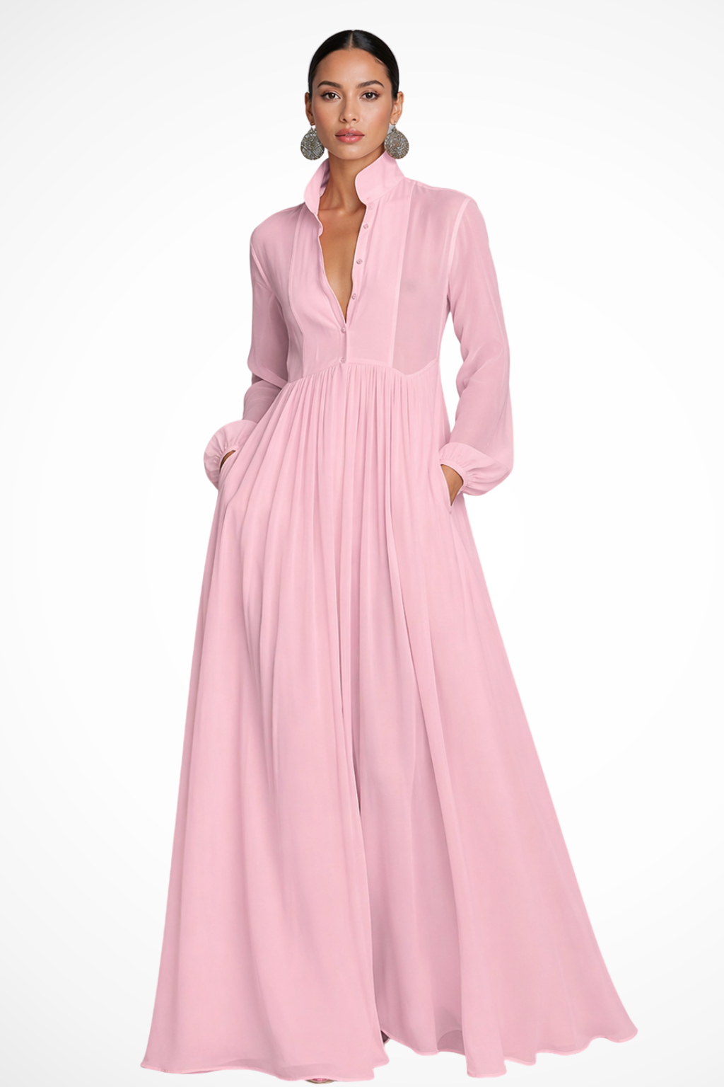 Siopie Women's Long Sleeve Button Front Maxi Dress in Pink