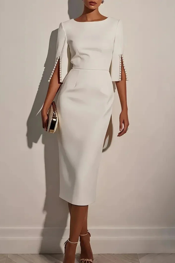 Womens Midi Dress Beaded Round Neck