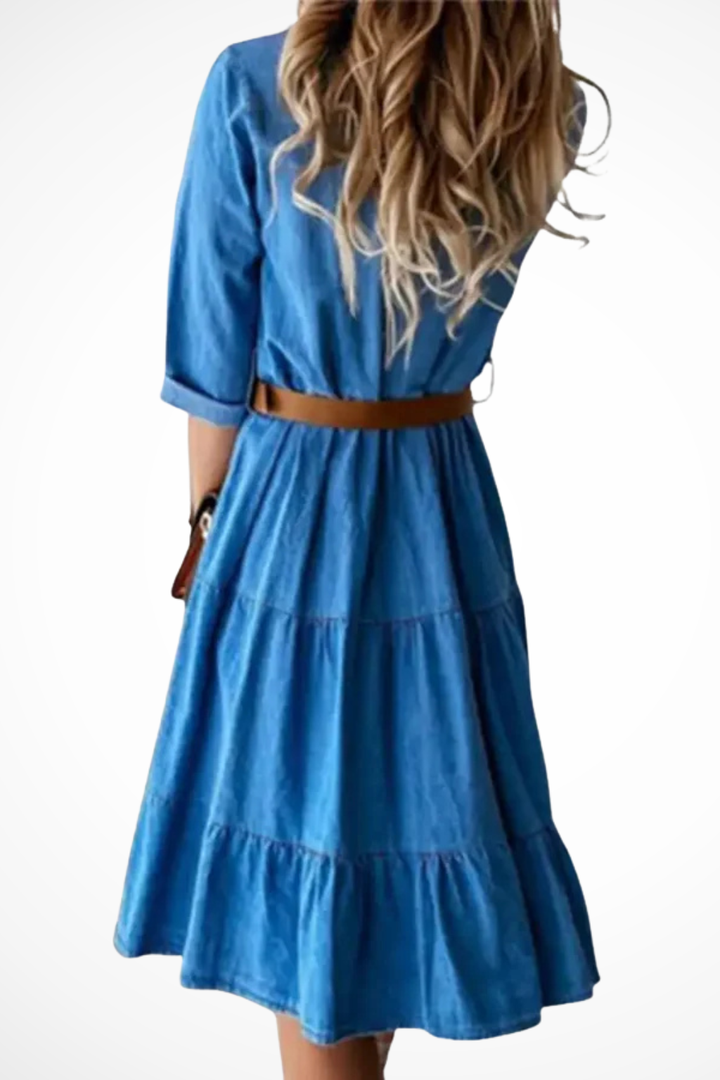 Siopie Women's Denim Tiered Midi Shirt Dress with Belt