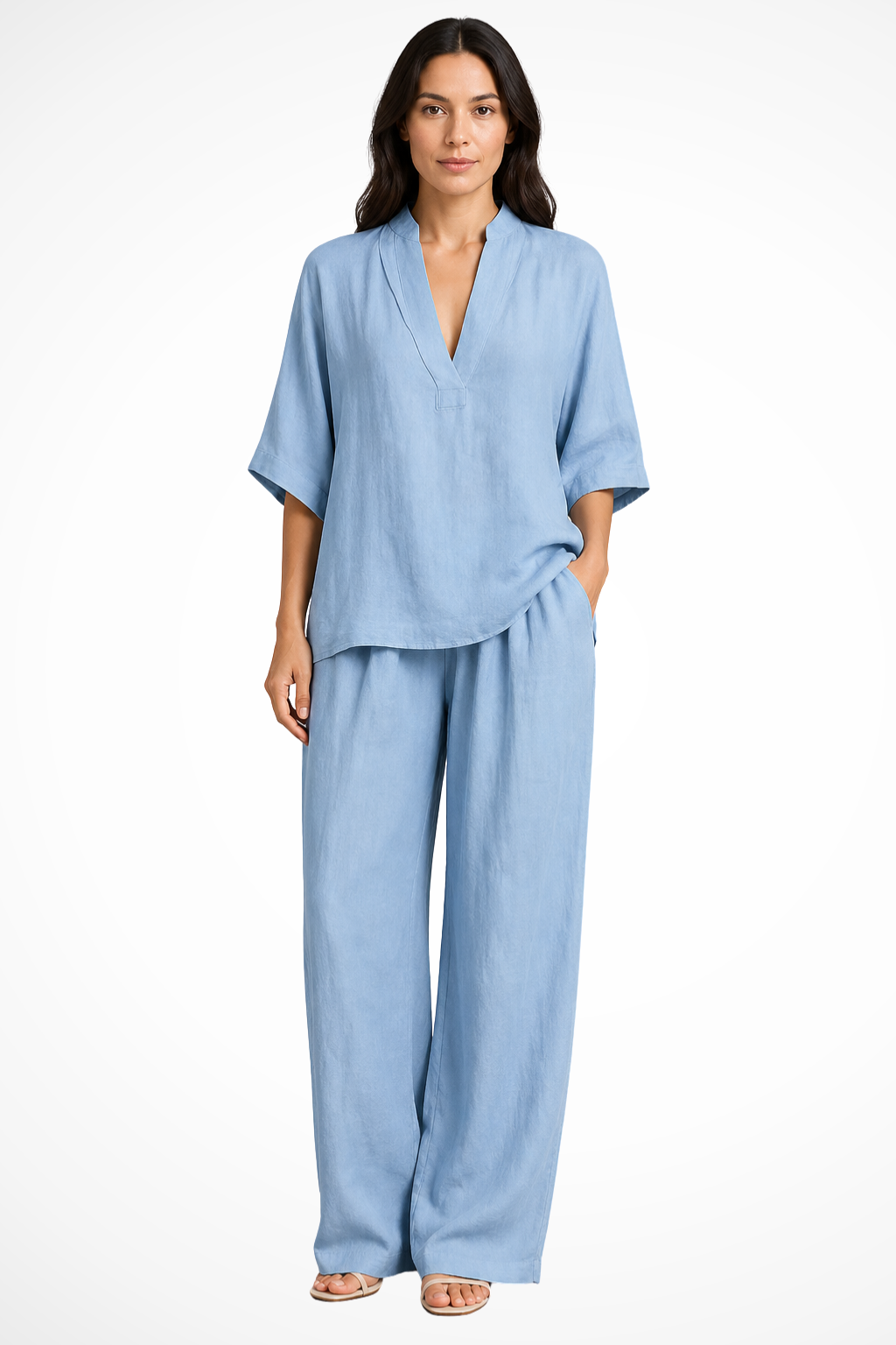 Siopie Women's Linen Wide Leg Co-Ord Set in Blue