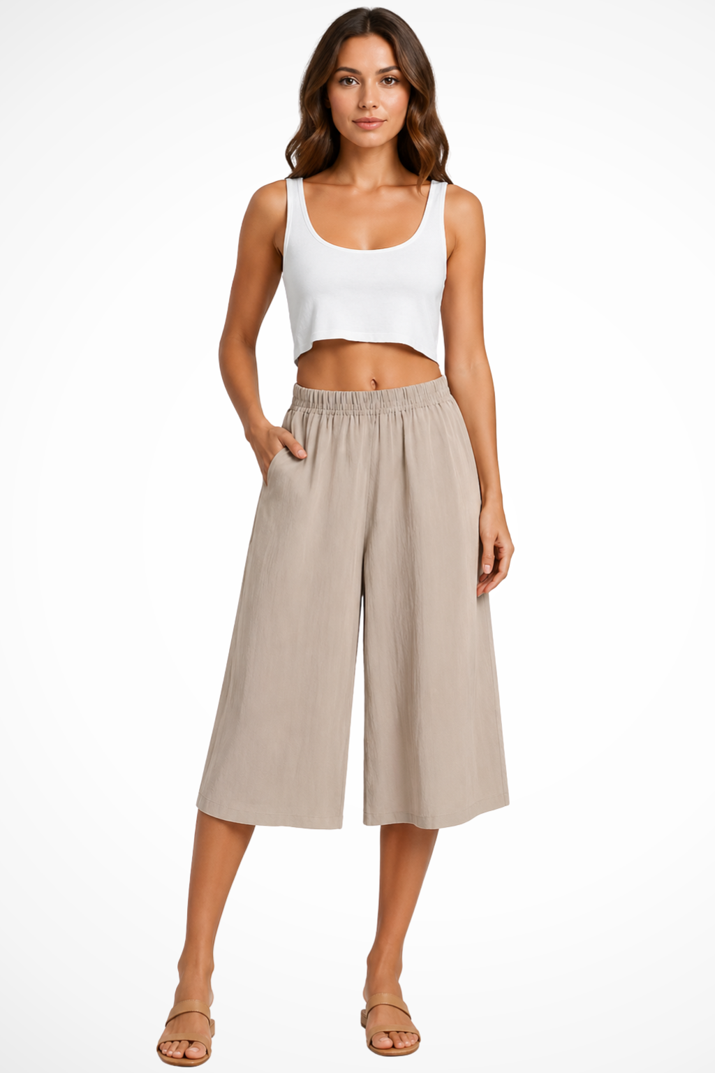 Siopie Women's Wide Leg Cropped Trousers in Khaki