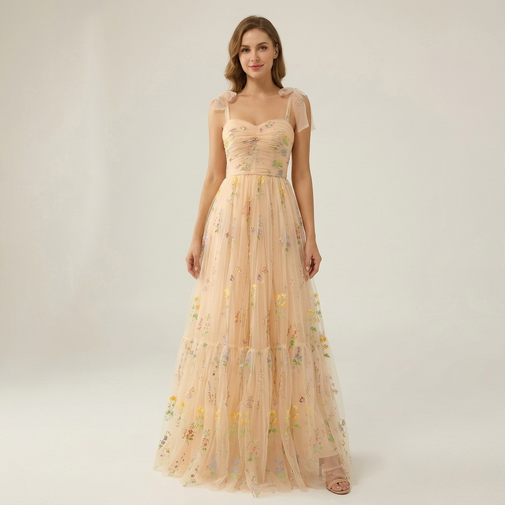 Womens Maxi Dress with Sweetheart Neckline and Floral Embroidery - Clovrio