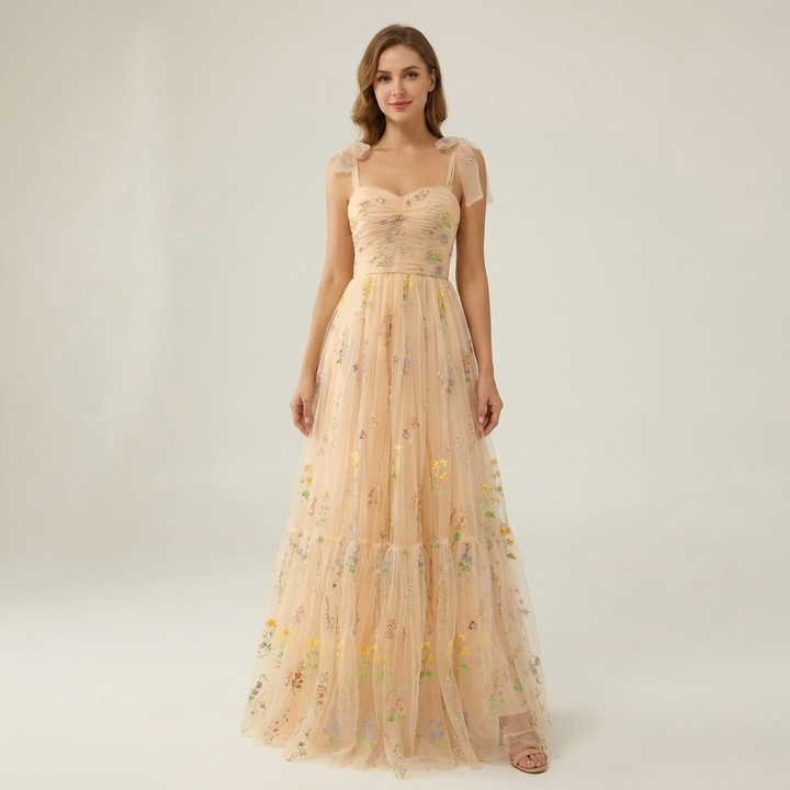 Womens Maxi Dress with Sweetheart Neckline and Floral Embroidery - Clovrio