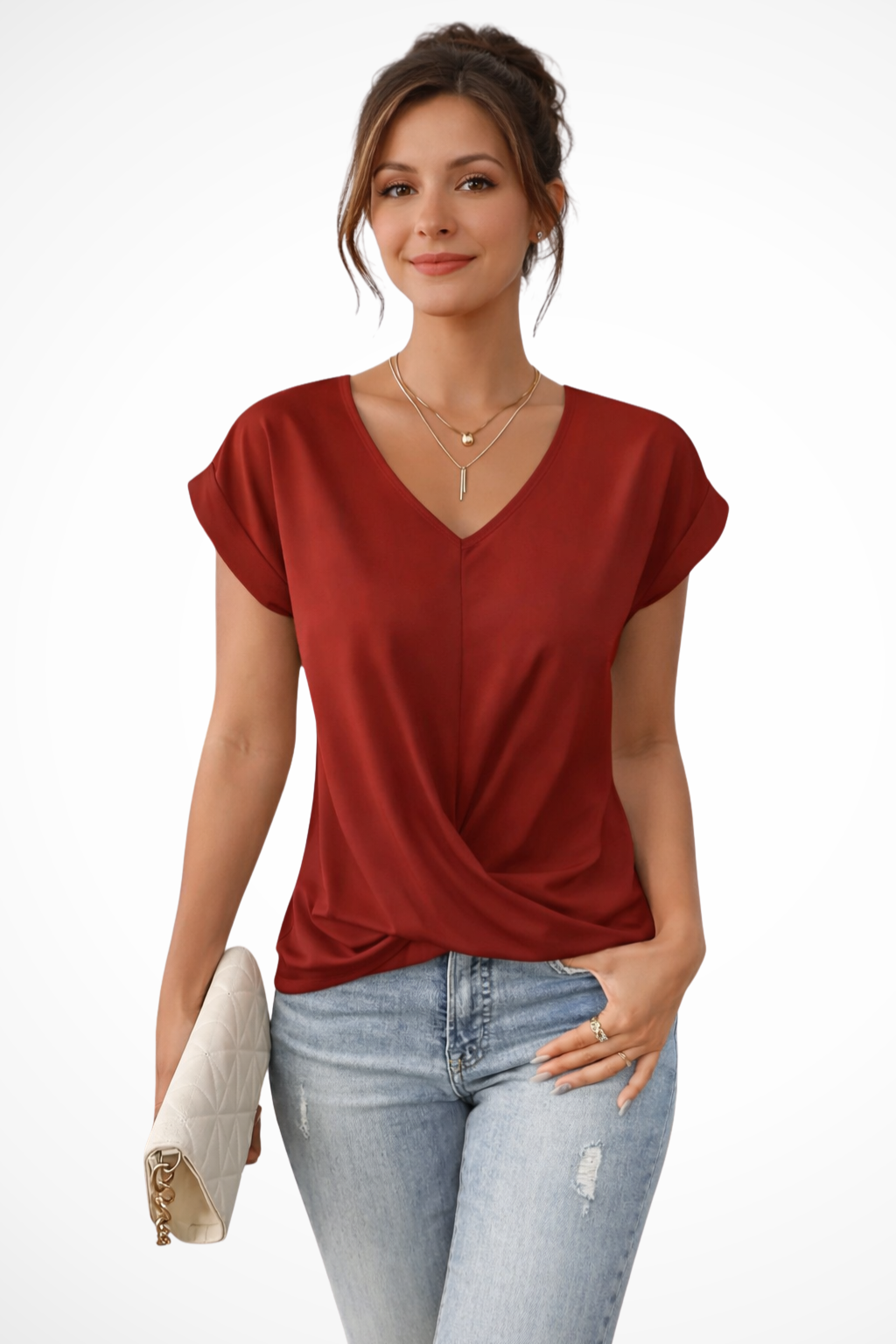 Siopie Women's V-Neck Twist Hem Short Sleeve Top in Red
