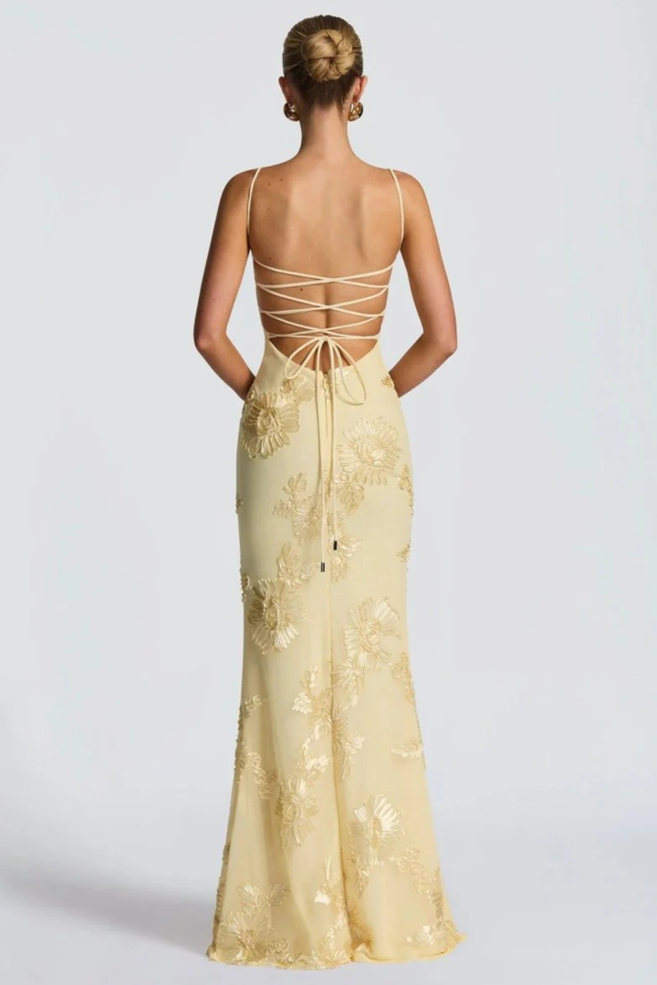 Womens Maxi Dress with Embroidered Floral Corset