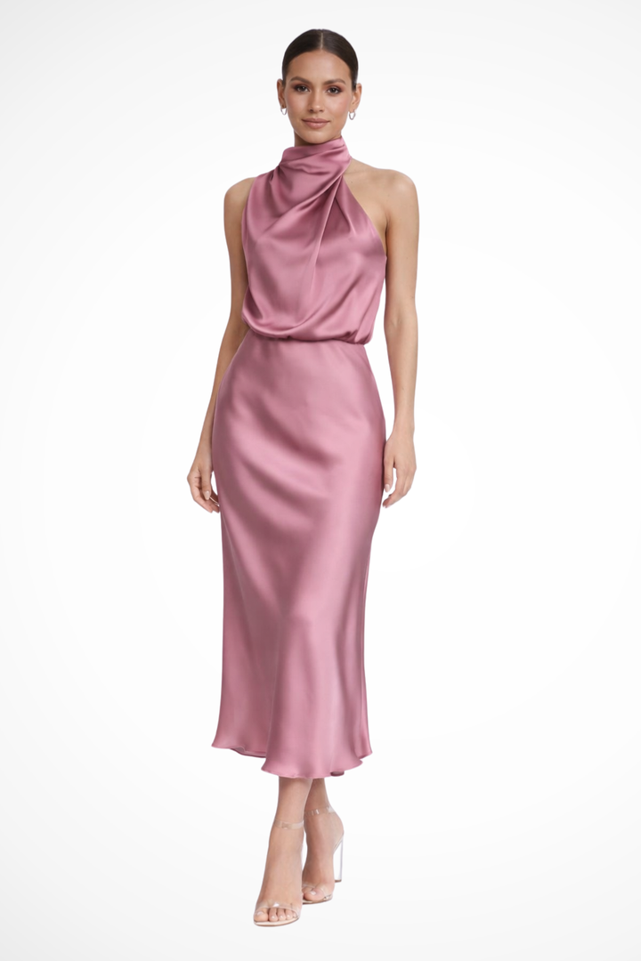 Siopie Women's Satin Halter Neck Midi Dress in Pink