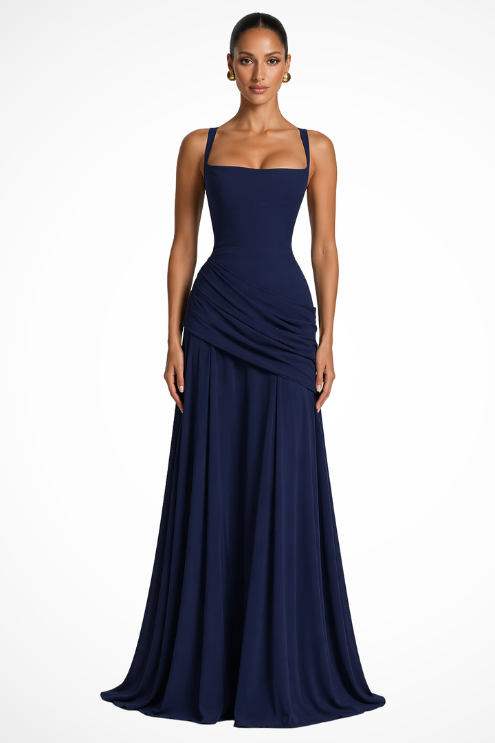 Siopie Women's Square Neck Ruched Maxi Dress in Navy Blue