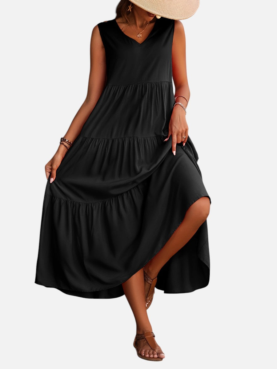 Women's Elegant V-Neck Tiered Maxi Dress