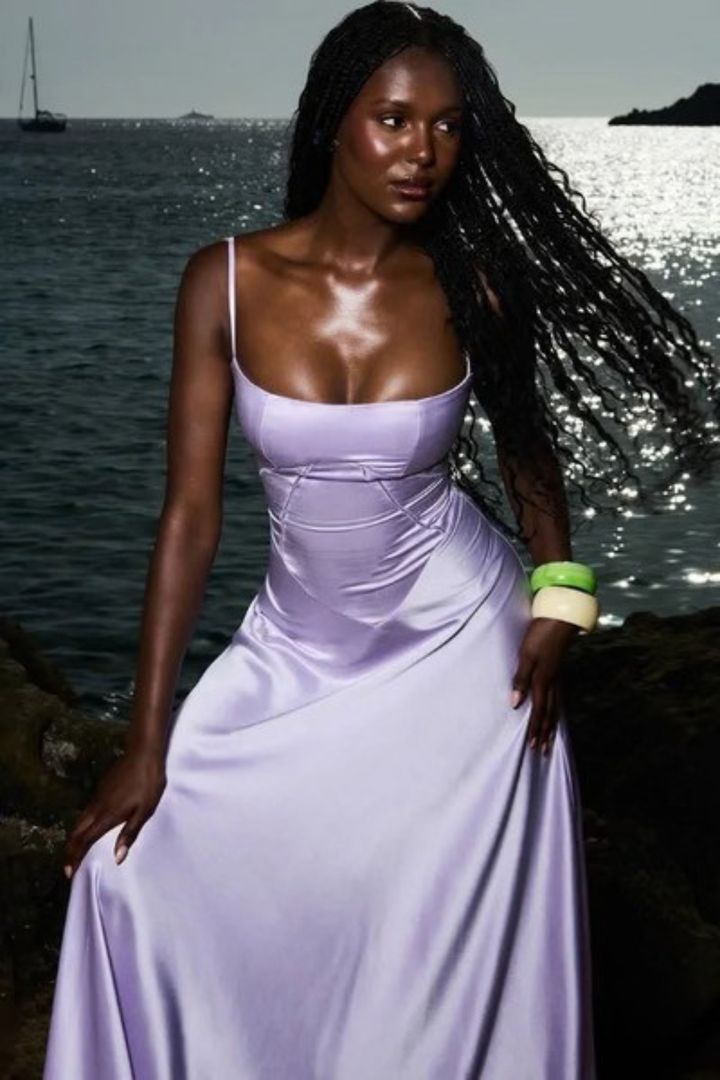 Womens Satin Corset Maxi Dress Fitted Style