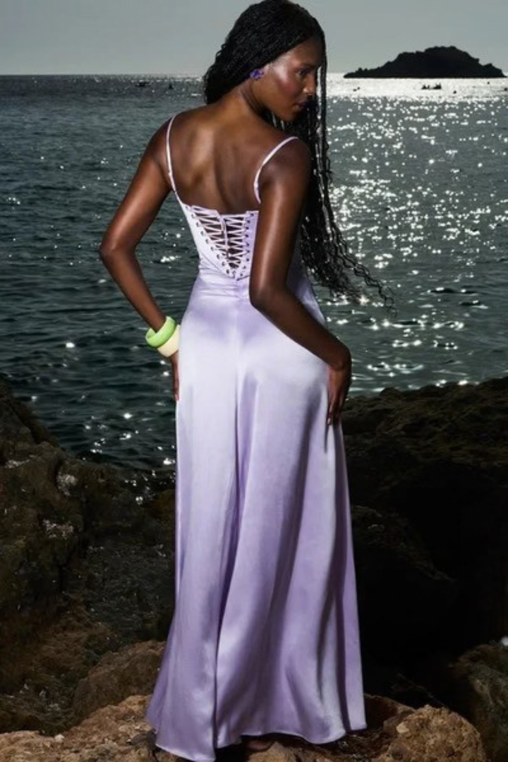 Womens Satin Corset Maxi Dress Fitted Style