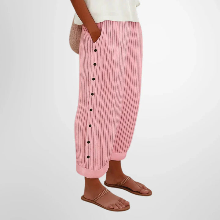 Women's Casual Striped Button Detail Relaxed Fit Trousers