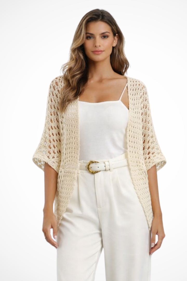 Siopie Women's Short Sleeve Crochet Cardigan in Apricot