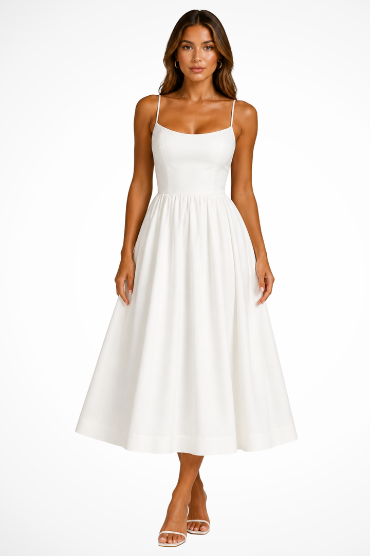 White Women's Square Neck Flared Cami Midi Dress – Siopie