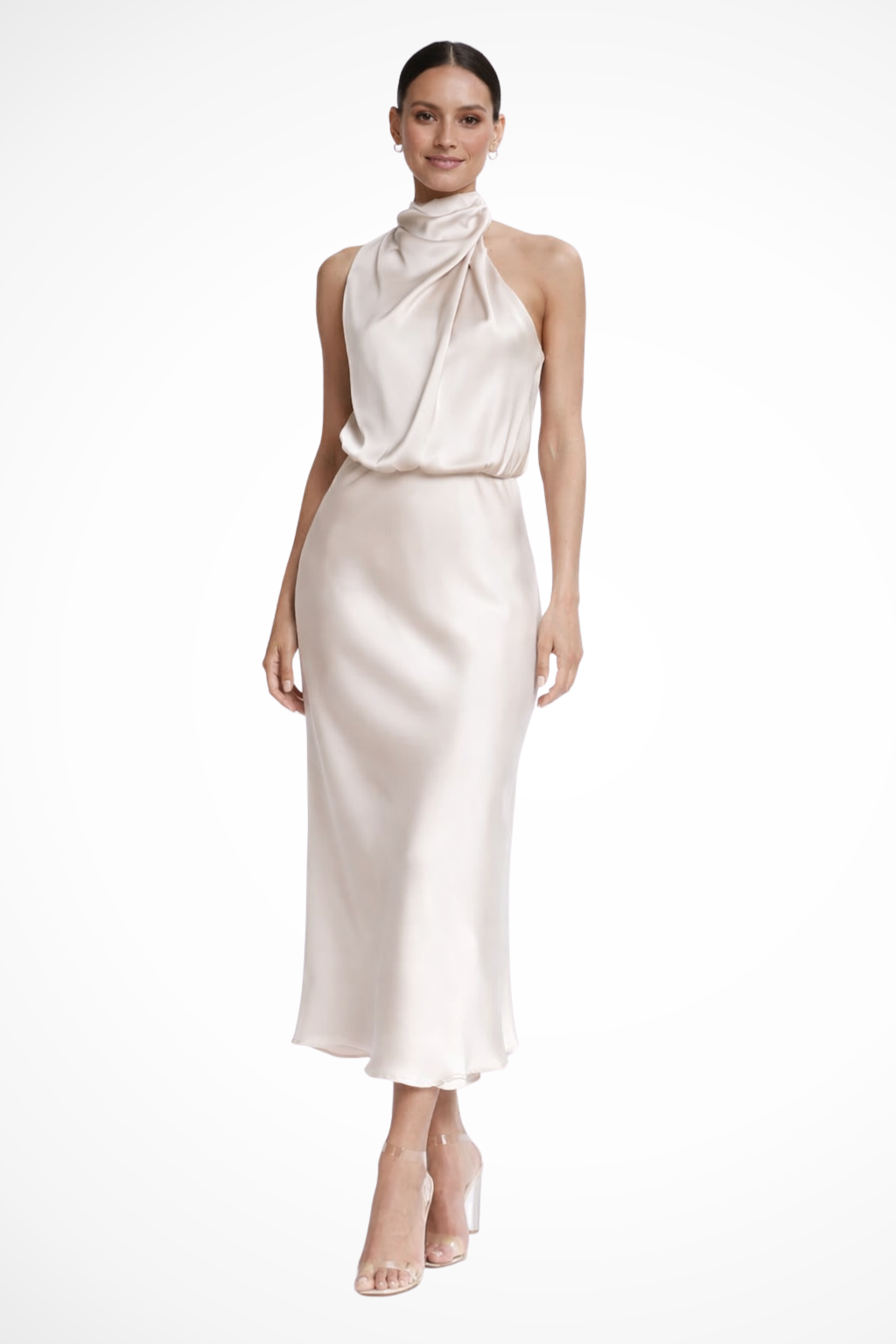 Womens Satin Midi Dress Halter Neck - Clovrio