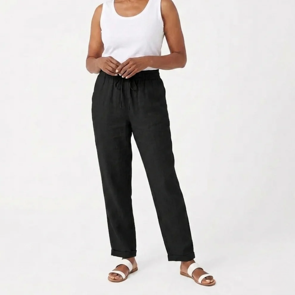 Womens Cropped Linen Trousers Soft Textured Elastic Waist