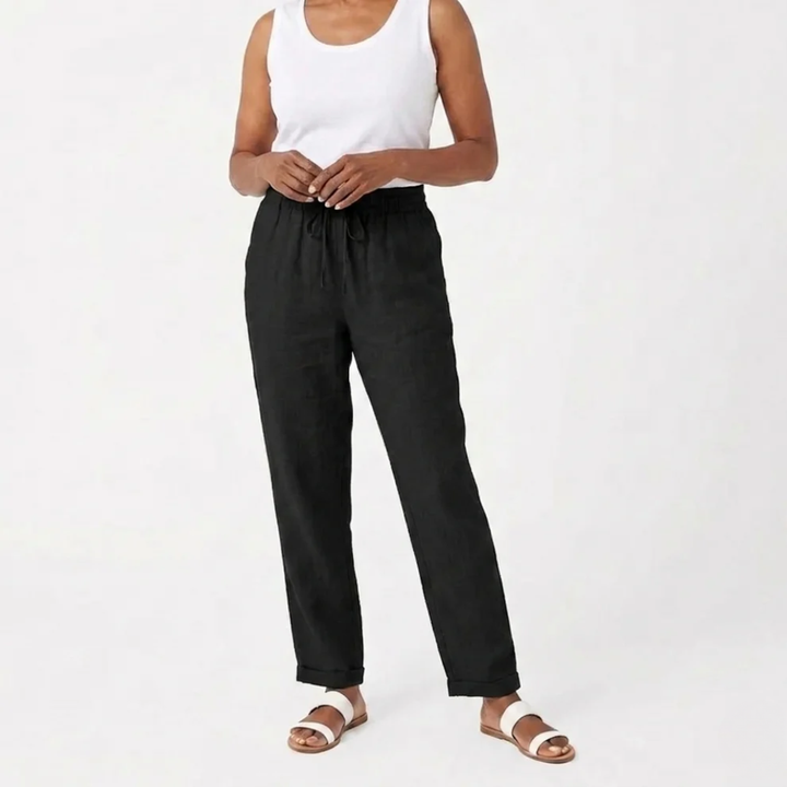Womens Cropped Linen Trousers Soft Textured Elastic Waist