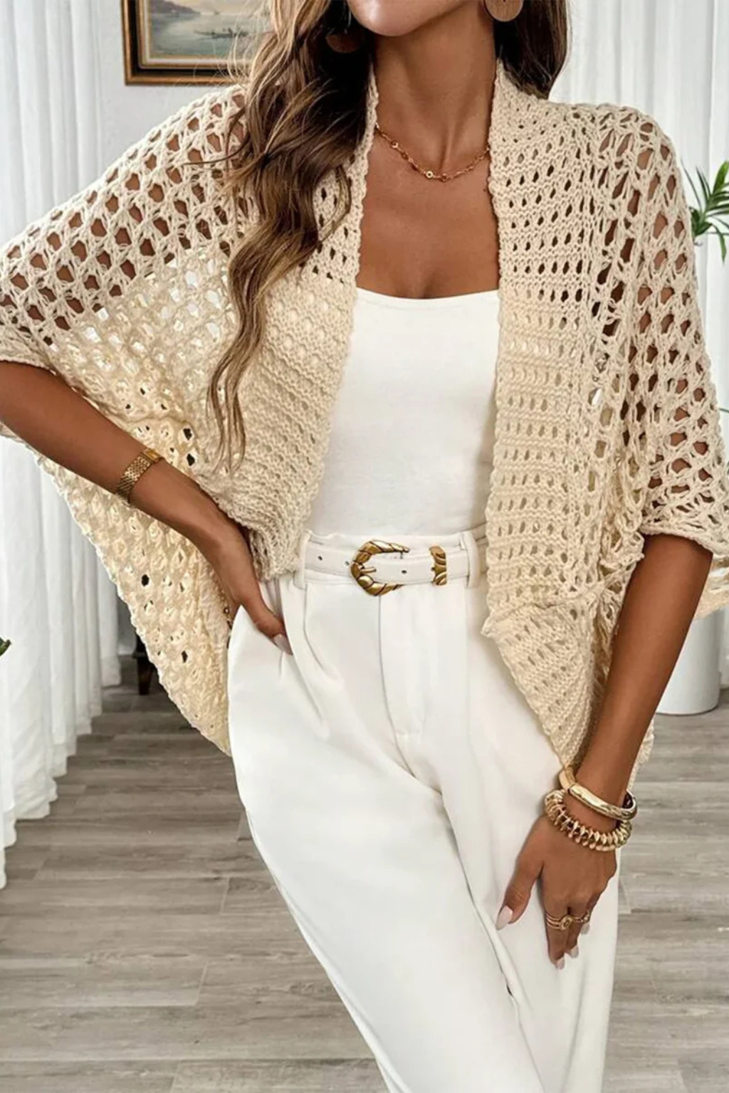 Siopie Women's Short Sleeve Crochet Cardigan