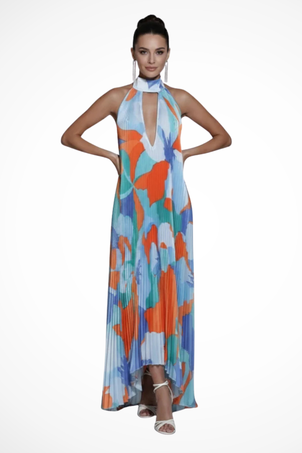 Siopie Women's Printed Pleated Halter Neck Maxi Dress in Turquoise