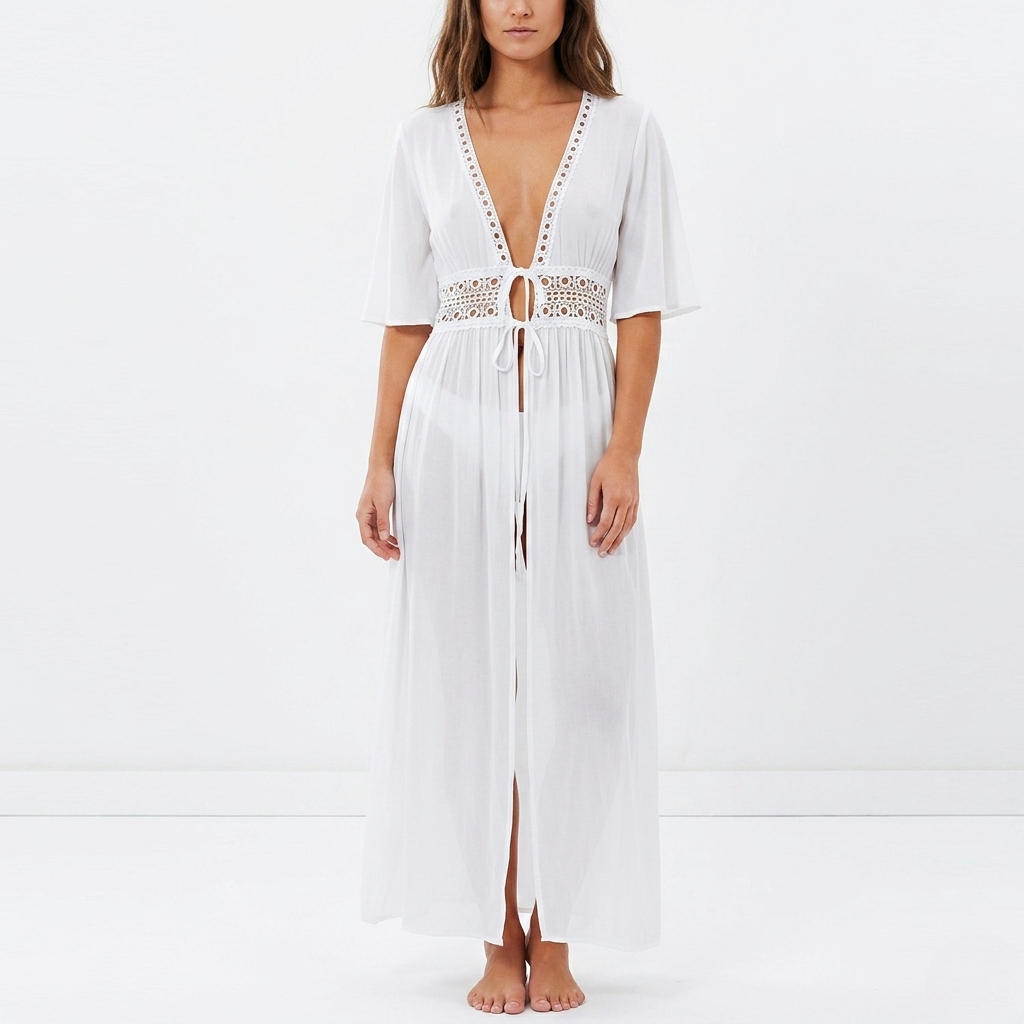 Womens Maxi Dress Cover-Up Breathable Weave Tie Waist