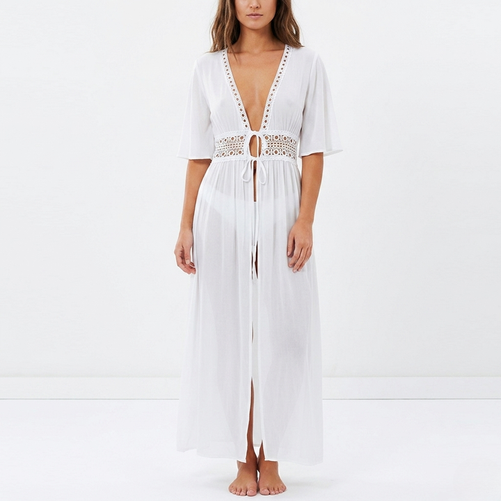 Womens Maxi Dress Cover-Up Breathable Weave Tie Waist