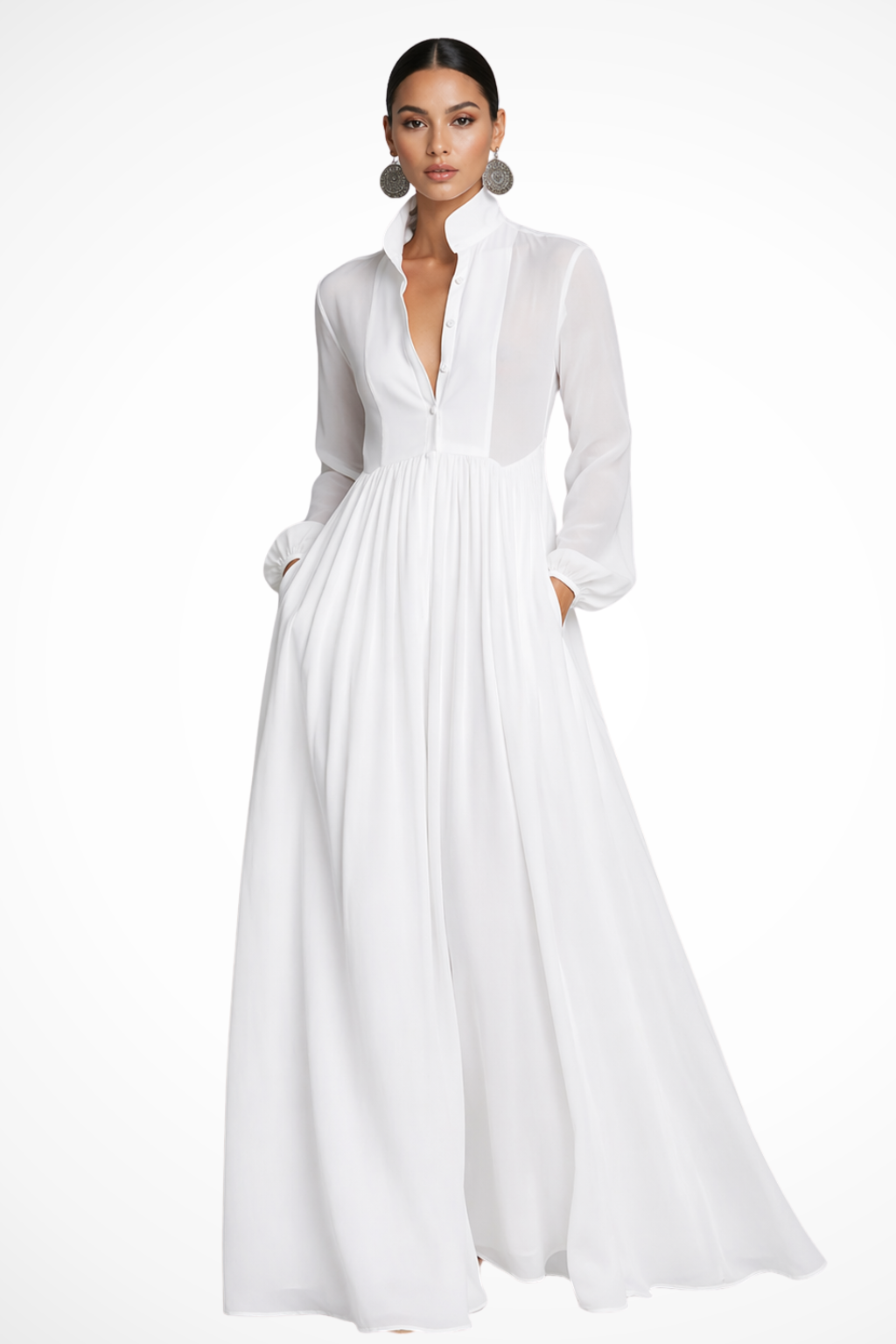 Siopie Women's Long Sleeve Button Front Maxi Dress in White