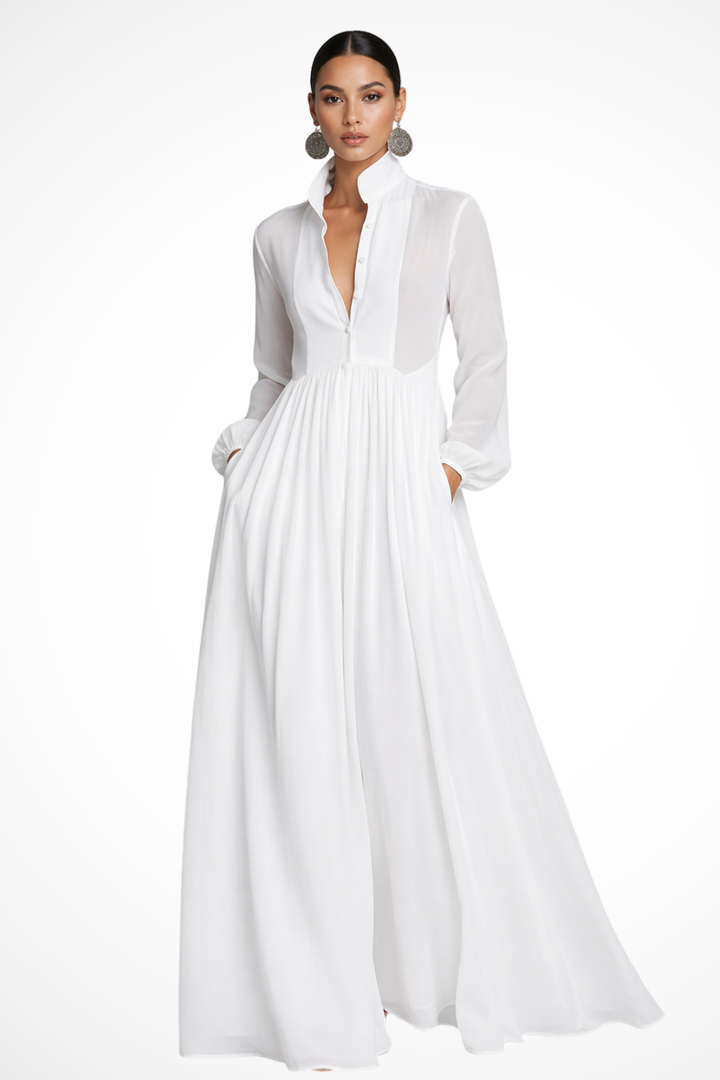 Siopie Women's Long Sleeve Button Front Maxi Dress in White