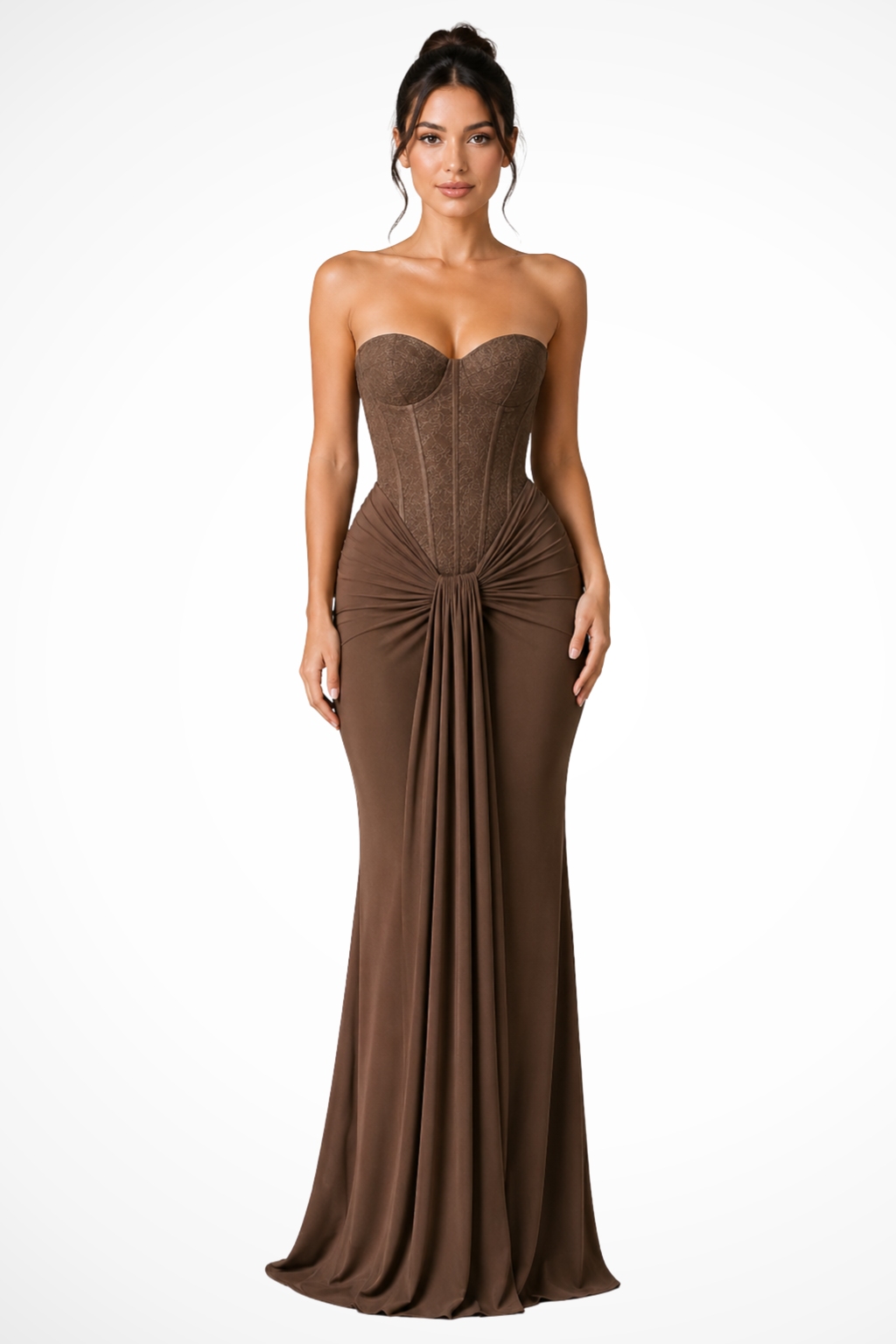 Siopie Women's Lace Corset Strapless Draped Maxi Dress in Brown