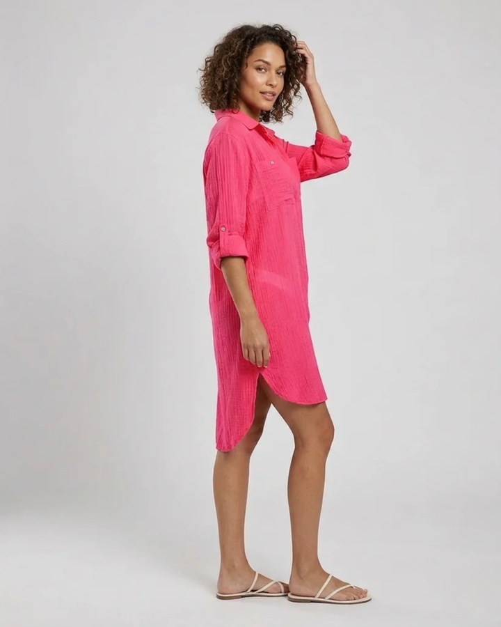 Womens Mini Dress Button-Down with Dual Chest Pockets