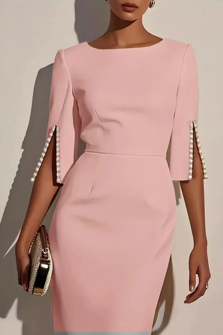 Womens Midi Dress Beaded Round Neck