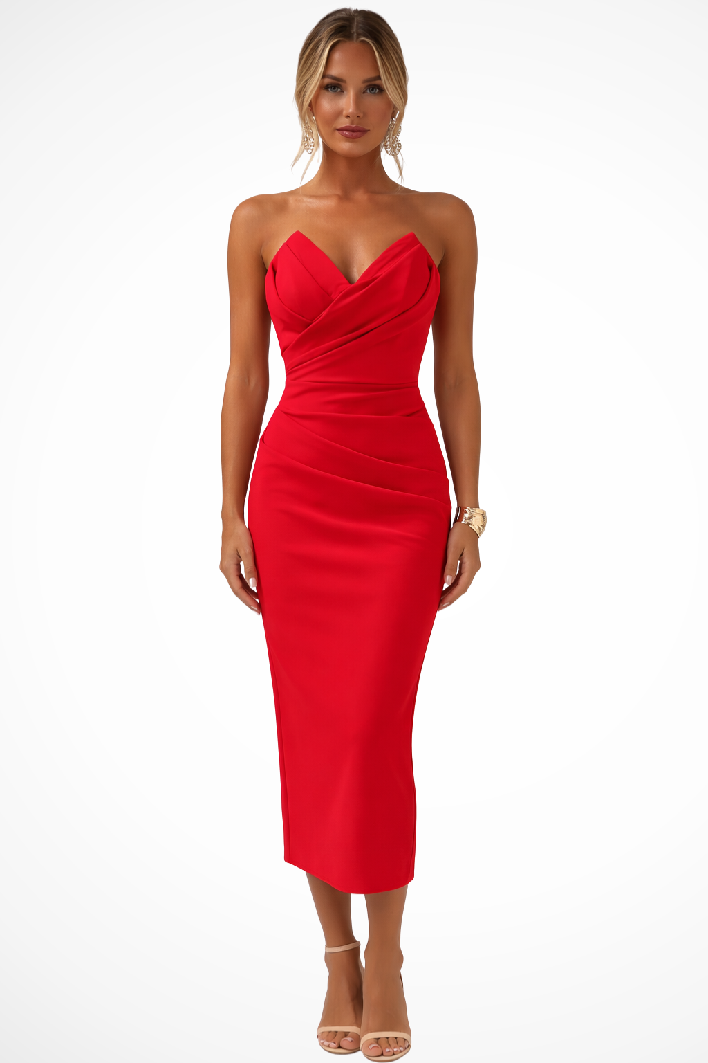 Siopie Women's Strapless Sweetheart Ruched Midi Dress in Red