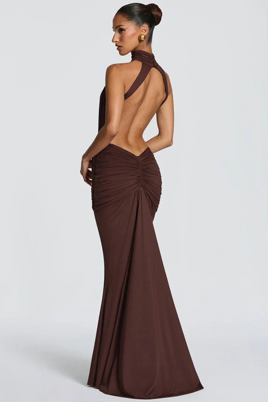 Siopie Women's Halter Neck Backless Ruched Bodycon Maxi Dress