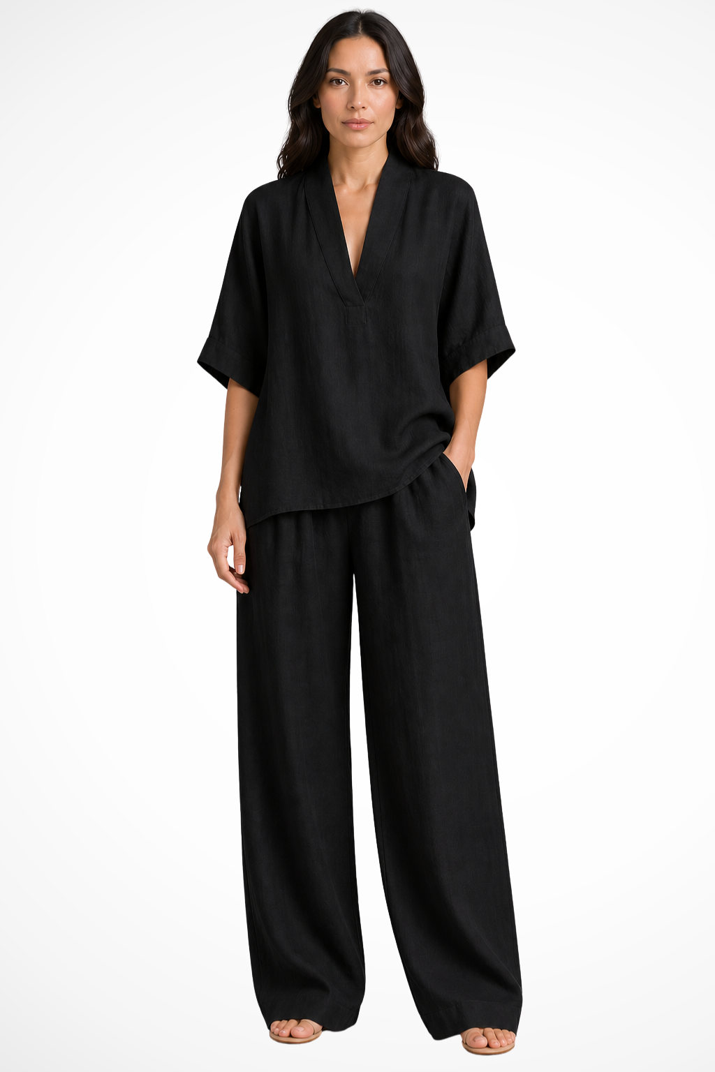 Womens Linen Wide-Leg Co-Ord Set Relaxed Fit - Clovrio