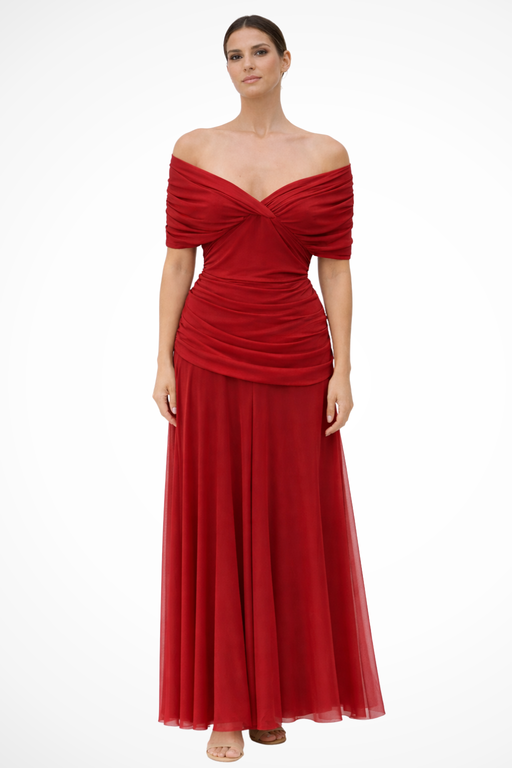 Siopie Women's Off Shoulder Pleated Midi Dress in Red