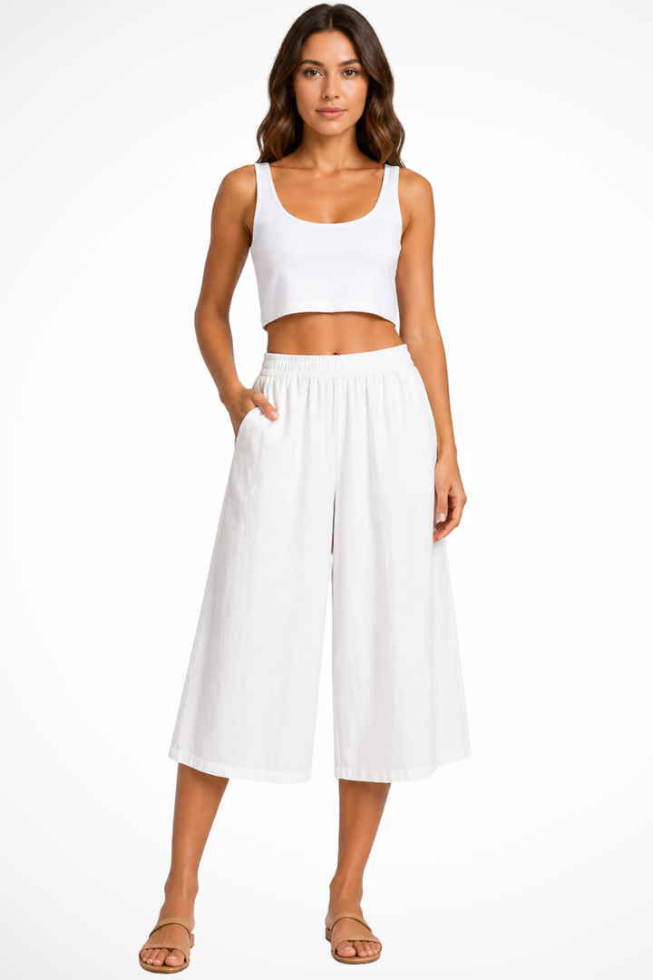 Siopie Women's Wide Leg Cropped Trousers in White