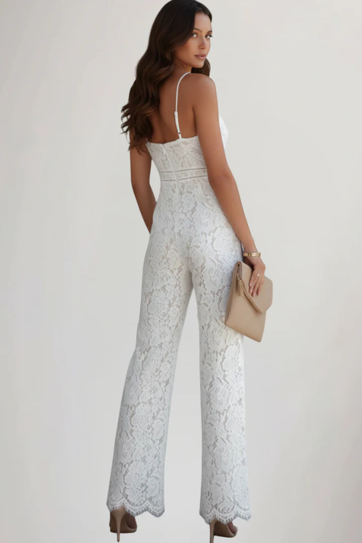 Siopie Women's Lace V-Neck Strappy Wide Leg Jumpsuit